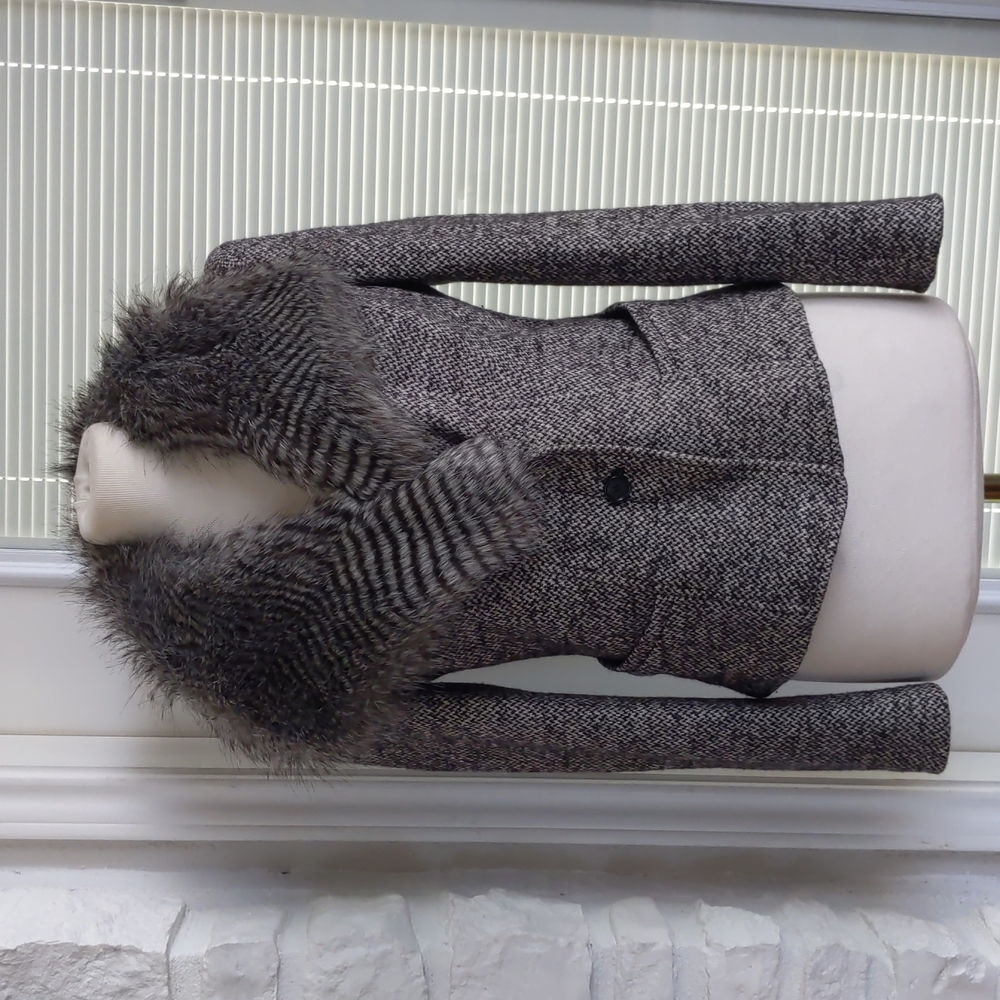 2 in 1 Ann Taylor Wool Blend Marled Tweed Removable Faux Fur Blazer Jacket